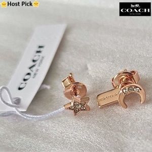 NWT COACH Moon & Star Mismatched Stud Earrings Rose Gold & Swarovski Crystals